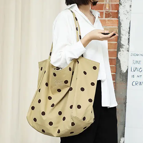 Polka Dot Canvas Tote Bag with Large Capacity and Casual Style